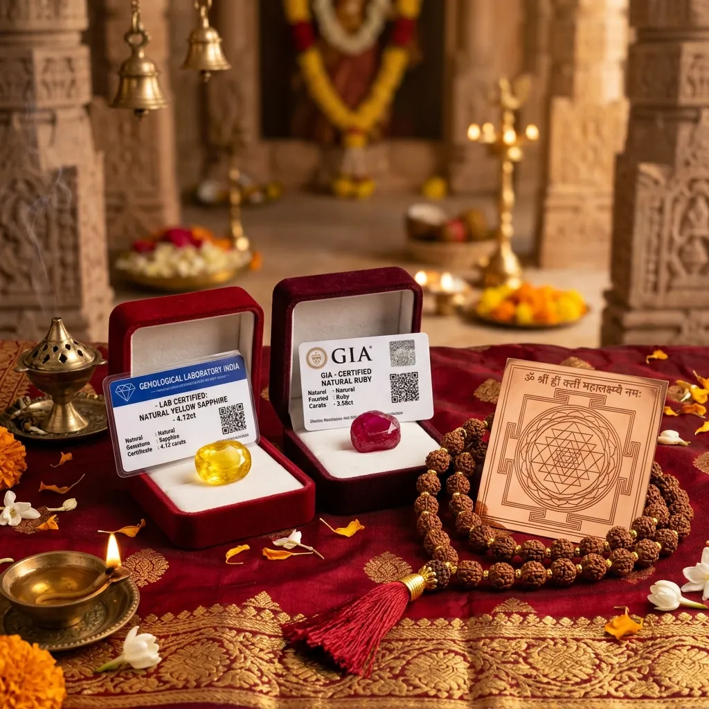 Authentic spiritual shop items including original Rudraksha malas, energized crystal bracelets, and complete puja samagri kits